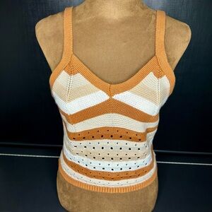 Ultra Flirt Brown Rustic Stripe V-neck Knit Crochet Crop Tank Size Small